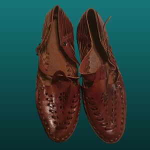 Vintage Style Brown Woven Leather Huarache Sandals Womens Size 6 Floral Cutout